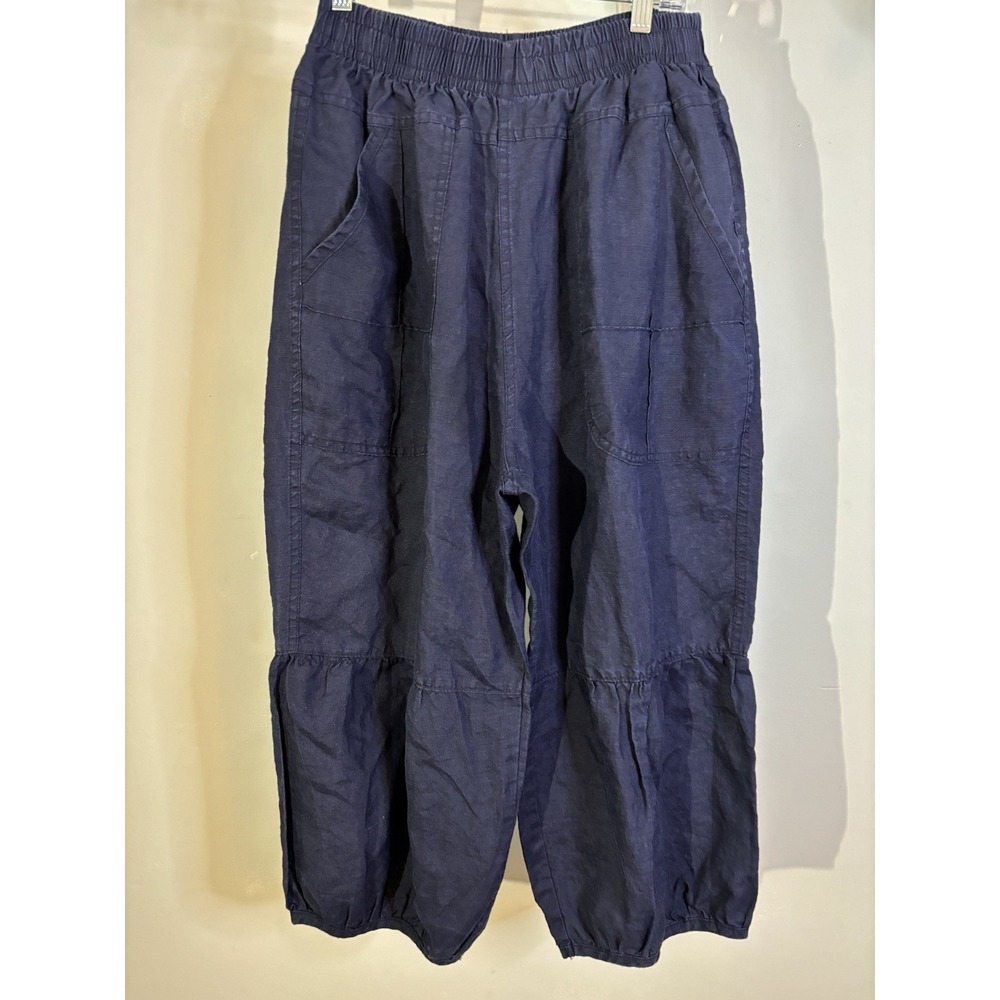 Navy Blue LINEN Wide Leg Cropped Pants S Lagenlook Lantern
